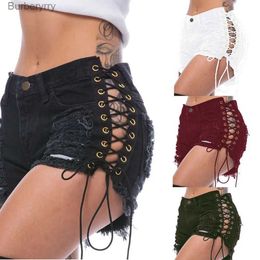 Women's Shorts Woman summer Ripped side bandage denim shorts fashion sexy jeans shorts bar DJ clothing shorts 2020 new arrivalL231215