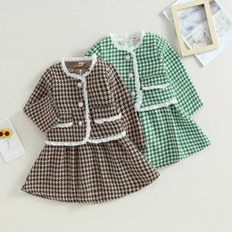 Clothing Sets Kids Girl Fall Outfits Houndstooth Print Crew Neck Sleeveless Dress Long Sleeve Buttons Coat 2Pcs Princess Clothes Set