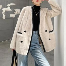 Women's Fur Korean Elegant Solid Faux Coats Women 2023 Winter V-neck Double Breasted Long Sleeve Warm Fashion Overcoats