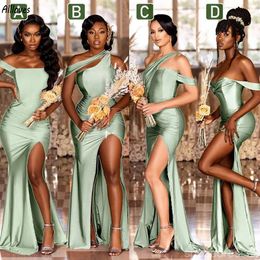 Sage Green Arabic Aso Ebi Bridesmaid Dresses Elegant Long Mermaid One Shoulder Glossy Maid Of Honour Gowns Sweep Train Side Split Sexy Wedding Guest Party Dress CL3068