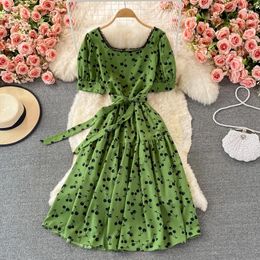 Casual Dresses French Chic Dress Women Square Collar Cherry Printed Lace-up Puff Sleeve Summer Holiday Beach Vestidos Fashion Dropship