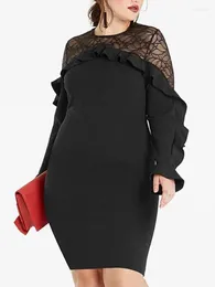 Plus Size Dresses Black Sexy Mini For Women Lace Patchwork Long Sleeve Ruffles Package Hip See Through Night Club Party Vestidos