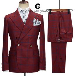 Men s Suits Blazers Cenne Des Graoom Red Plaid Double Breasted for Men Jacket and Pants 2pcs Set Wedding Dress Party Classic Costume Homme 231215