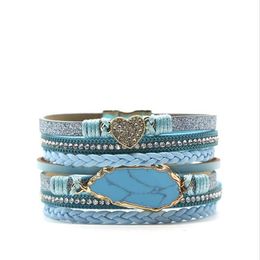 Light Yellow Gold Colour Irregular Shape Blue Turquoises Stone Connect Leather Bracelet For Women Jewellery Link Chain319q