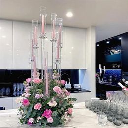 Party Decoration Whole 10 Arms Long Stemmed Modern Clear Acrylic Tube Hurricane Crystal Candle Holders Wedding Table Centerpie3002