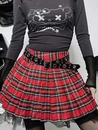 Skirts 2023 Women's Wear Pleated JK Women Insgoth Goth Plaid Mini Short A Line Skater Skirt Punk Mesh Patchwork Belt Uniform