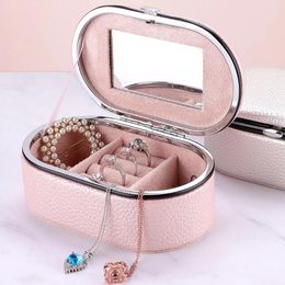 Jewelry Pouches Creative Box With Mirror PU Leather Textured Organizer Bags Trendy Grid Storage Case Earrings Rings Display Holder Gifts