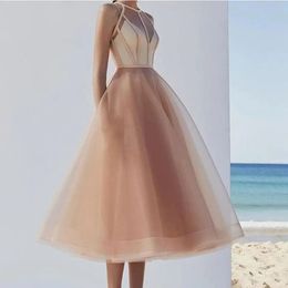 New Champagne A-Line Short Prom Dress 2024 O-neck Tea Length Tulle Women Formal Party Event Gala Gowns Vestidos De Fieast