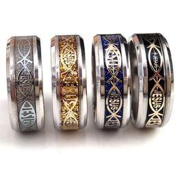 24pcs lot High Quality Jesus Letter 316L Stainless Steel Ring Top Color Mix Religious Christian Fish Finger Rings Men Women Weddin265L