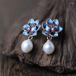 Stud Earrings S925 Sterling Silver Burnt Blue Enamel Lotus With Oval Natural Fresh Water Pearl Bead Women