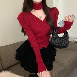 Women's Knits Autumn Long Sleeve V-neck Slim Fit Sweater Single Breasted Knitwears Puff Crop Top Korean Fashion Elegant Cardigan
