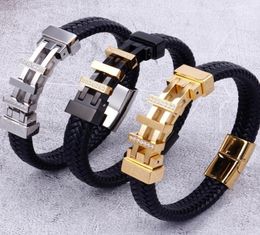 Tennis Rope Chain Wrap Leather Bracelet Men GoldBlack Stainless Steel Mens Charm Bracelets 2021 Handmade Male Jewelry Wrist Band 7573442