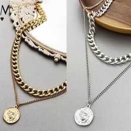 Pendant Necklaces Multi-Layer Necklace Punk Curb Cuban Chunky Thick Portrait Choker For Women Vintage Carved Coin Chain Jewelry2866