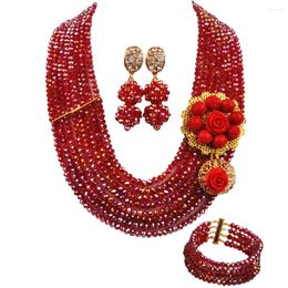 Necklace Earrings Set Bling Red AB Costume African Nigerian Wedding Beads Jewellery Bridal