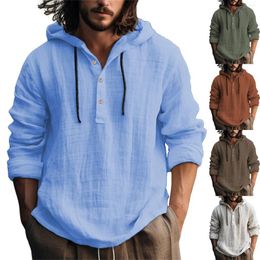 Men's Casual Shirts Fashion Hooded Spring And Autumn Long Sleeved Solid Colour Cotton Linen Shirt Button Mens T