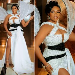 2024 Plus Size Arabic Aso Ebi White Mermaid Prom Dresses High Split Lace Beaded Evening Formal Party Second Reception Gowns Birthday Dress Pearls Sequined Gown