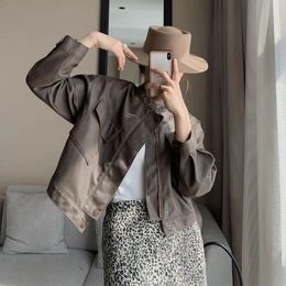 Women's Leather Faux Beige Stand collar Long sleeve Women PU Jacket 2023 Spring Short Loose Big pocket Biker Motorcycle Coat Female 231214