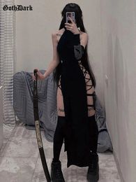 Urban Sexy Dresses Goth Dark Cosplay High Split Sexy Bandage Women Dresses Y2K Mall Gothic Halter Slim Midi Dress Black Grunge Style Alt Partywear 231214