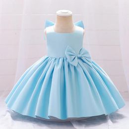 Girl Dresses Light Blue Flower Dress Satin Bow Costume Catwalk Baby Birthday Wedding Princess Party First Communion Gown