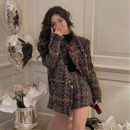 Two Piece Dress Korean Sweet Girl Suit Women's Autumn Turn down Collar Tweed Coat A line Mini Skirt Two piece Set Fashion Female Clothes 231214