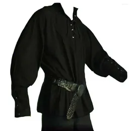 Men's Dress Shirts Mediaeval Renaissance Long Sleeve Shirt Men Bandage Solid Halloween Knight Clothing Cosplay Costume