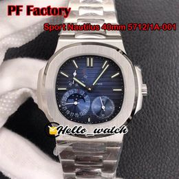 New PFF 40mm Sport 5712 1A-001 5712 Mechanical Hand Winding Mens Watch Moon Phase Power Reserve D-Blue Dial Steel Bracelet He1609