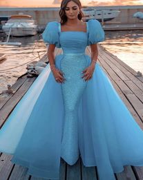 Luxury Blue Mermaid Prom Dress 2024 Square Neck Bubble Short Sleeve Tulle Sequined Formal Party Gowns Vestidos Longo Robes De Soiree