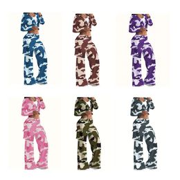 2024 Designer CAMO Two Piece Sets Women Fall Winter Tracksuits Long Sleeve Camouflage Jacket Wide Leg Pants Vintage Outfits Wholesale Clothes 10428