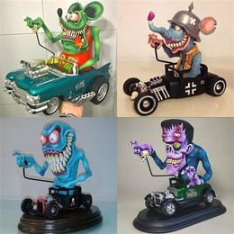 Party Decoration Angry Big Mouth Monster Driving Statue Rat Fink Halloween Figurines Resin Crafts Sculpture Home Decor Ornament 22261M