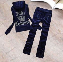 designer Juicy Tracksuit Brand Womens Two Piece Pants Back Hot Drill Letter Decoration Regular Hooded Tops Side Printing Loose Straight Trousers 679