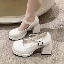 Dress Shoes White High Heels For Women 2024 Summer Shallow Belt Buckle Casual Single PU Leather Platform Walking