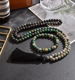 Pendant Necklaces 8mm Natural African Turquoise Labradorite Lucky Jade Beaded Necklace Jewellery Set 108 Mala Meditation Prayer Rosa5203122