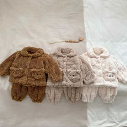 Clothing Sets Winter New Baby Warm Clothes Set Kids Cute Cartoon Thick Plush Cardigan + Pants Girls Pyjamas 2pcs Suit Infant Outfits