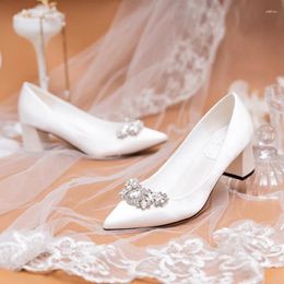 Dress Shoes 2023 Wedding White Satin Thick Heels Rhinestone French Bride Large Size Single