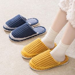 Slippers Men Winter Warm Cotton For Home Wear-Resistant Stripe Non-slip Indoor Slides Couple Women Shoes