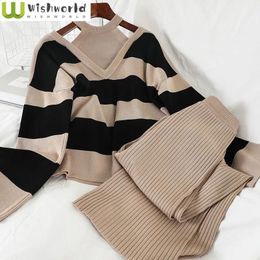 Womens Two Piece Pants Temperament Womens Set 2024 Hanging Neck Stripe Sexy Knitted Shirt Straight Slim Wide Leg Pants Two Piece Set 231214