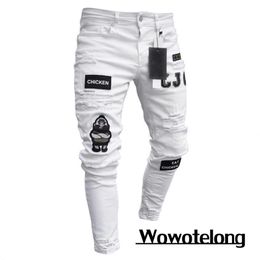 Men's Pants 2023 White Embroidery Skinny Ripped Jeans Men Cotton Stretchy Slim Fit Hip Hop Denim Casual for Jogging Trousers 231214