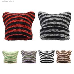 Beanie/Skull Caps New Japanese Streetwear Harajuku Beanie Little Devil Striped Knitted Hat Women Men Autumn Winter Cute Cat Ears Cap Pointed WoolL231212