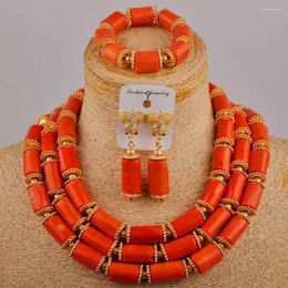 Necklace Earrings Set Three Row Choker Coral Beads Jewellery Including Bracelelt Orange / Red White Colour Bridal