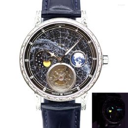 Wristwatches Super Mens Automatic Tourbillon Mechanical Watch Luminous Dial Milky Way 3D Rotate Earth Moonphase Business Male Wrist Watches