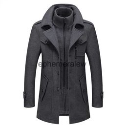 Mens Trench Coats Mens Wool Blends Fake Two Piece Blend Coat Men 2022 Winter New Mens Cashmere Slim Fit Woolen Peacoat Business Overcoat Windbreakerephem z240606