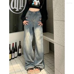 Women's Jeans Spring Autumn High Waisted Solid Distressed Retro Zipper Pockets Button Up Wide Leg Loose Trousers Vintage Pants