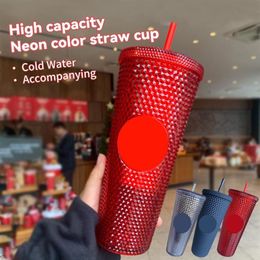 Mugs Double-Layer Durian Cup Diamond Radiant Goddess Straw Coffee Summer Cold Tumbler Studded 710ml 24oz300Z