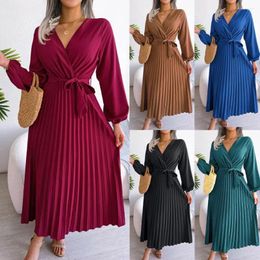 Casual Dresses Women Summer Elegant V Neck Lantern Long Sleeve Pleated Loose Hem Chiffon Maxi Dress Black Red Green Office Lady