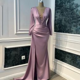 Elegant Dark Pink Evening Dress 2024 Long Sleeves Illusion V-neck Beads Mermaid Arabic Dubai Prom Birthday Party Gown Vestidos De Longo
