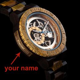 Relogio Masculino BOBO BIRD Mechanical Watch Men Wood Wristwatch Automatic Customized Name for Dad Wooden Gift Box Y200414304M