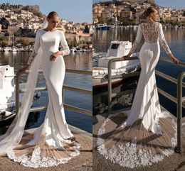 Modest White Satin Mermaid Wedding Dresses Elegant Lace O-neck Long Sleeves Boho Bridal Gowns Tulle Skirt Simple Reception Dress For Bride Robes de Mariee CL3071