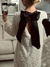 Urban Sexy Dresses Woman Sequin Backless Short Dress With Bow Fashion Long Sleeve O Neck Robe Autumn Elegant Female Party Night Streetwear 231214
