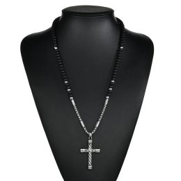 Black Stone Cross Pendant Mens Rosary Necklaces 14K White Gold Catholic Crucifix Pendant Necklace Chain Gift