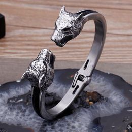high quality Black leather with Large 316L Stainless steel Biker Open Wolf Head End Cuff Bangle Gothic Mens Bracelet 8mm 67mm inne2753